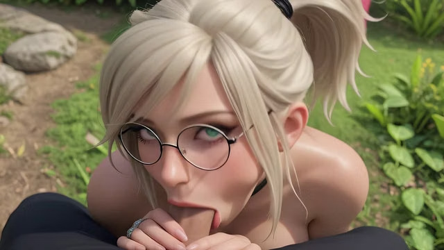 Blonde with glasses and a black choker during an outdoor blowjob