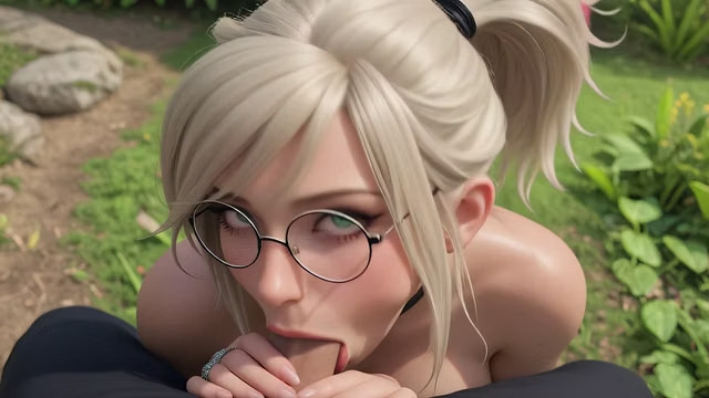Close garden blowjob scene with round glasses visible