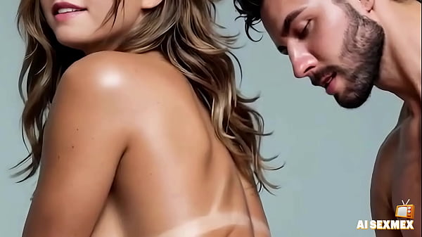Brunette with highlighted wavy hair during rear-entry intercourse