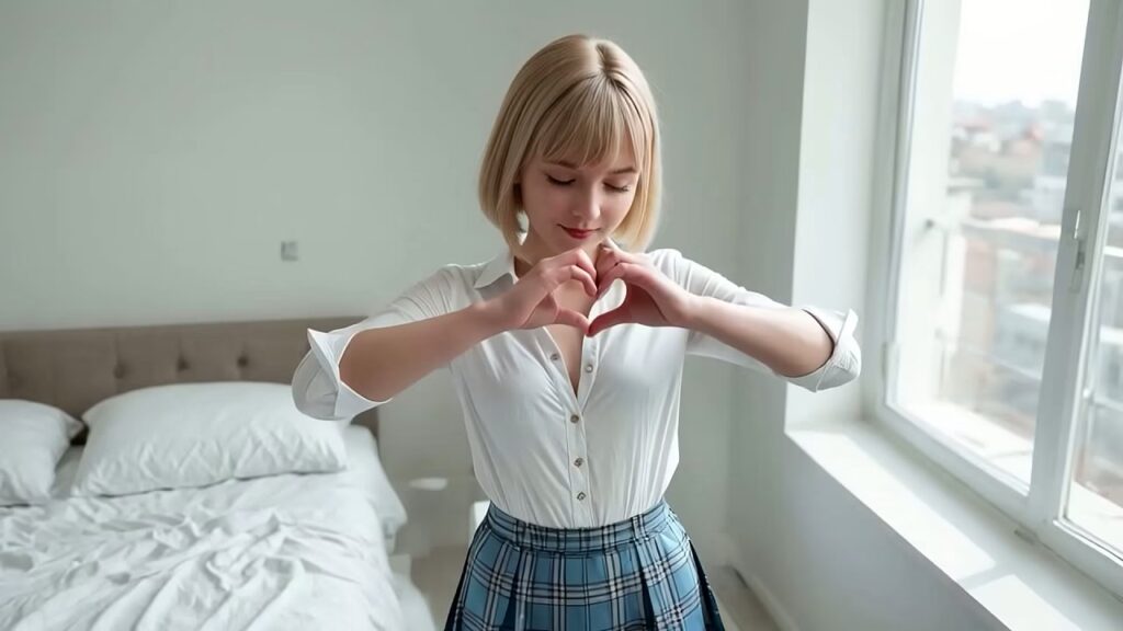 Blonde in a white blouse and blue plaid skirt in the bright bedroom