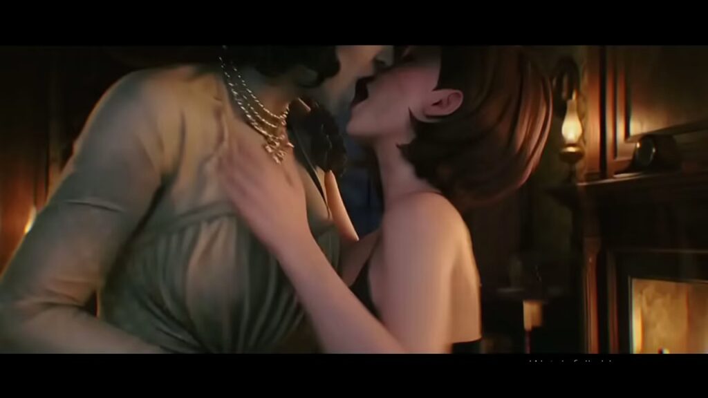 3D scene with two women kissing in a warm indoor room