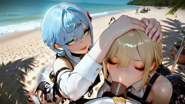 3D hentai group scene in a tropical beach setting