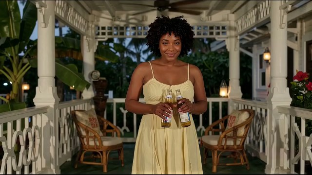 Short-curly-dark-haired figure on a tropical veranda with white railings and wicker furniture