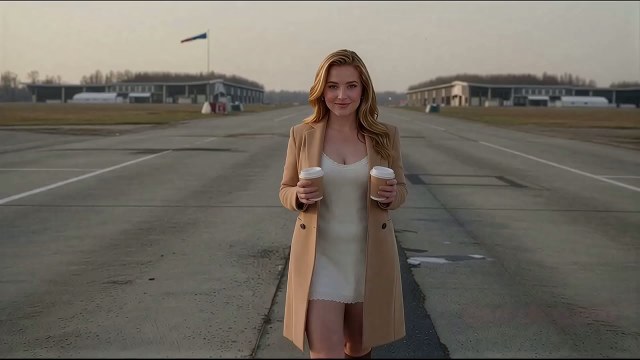 Light-haired character in a light dress and tan outer layer on an airport runway