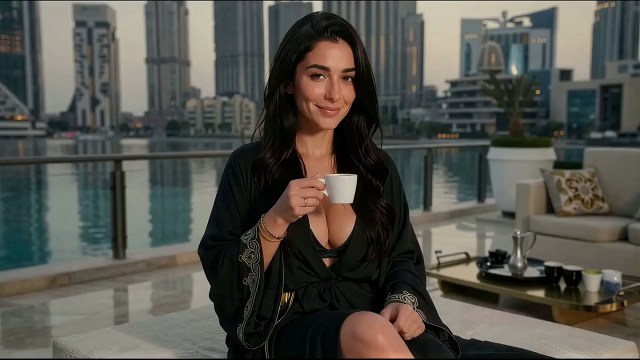 Long dark-haired character in a black robe-like outfit holding a cup on a luxury high-rise terrace