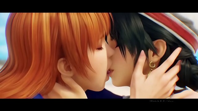 Close-up of orange-red-haired and dark-haired stylized game characters kissing