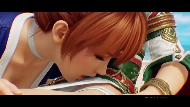 Close-up of a stylized game character with her mouth on another woman’s tits
