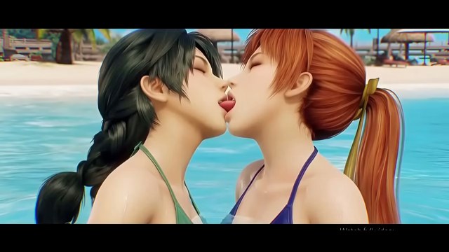 Two stylized female game characters kissing in swimwear beside a tropical resort pool