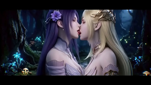 Two stylized 3D fantasy women kissing in ornate costumes beside glowing forest water