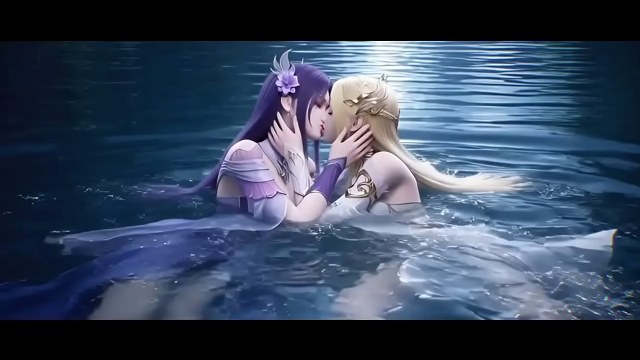 Purple-haired and blonde 3D fantasy women kissing while partly immersed in luminous water