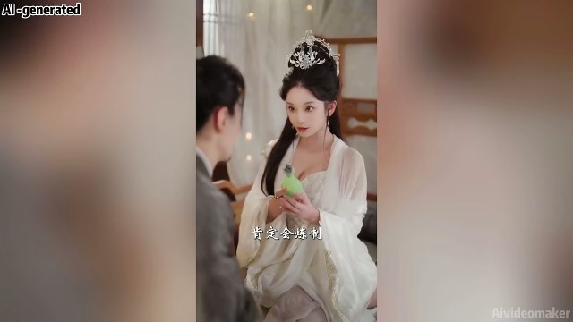 Dark-haired woman in ornate historical styling inside a period-drama pavilion setting