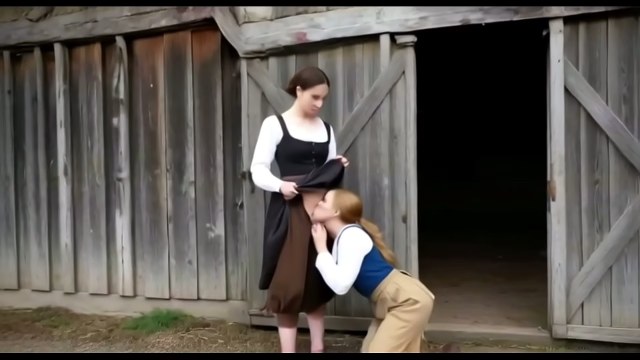 Multiple characters in period rural clothing during an intimate scene inside a wooden barn
