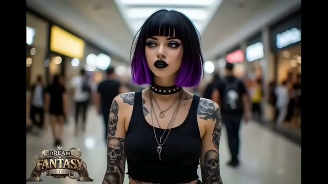 Tattooed goth woman with a black-and-purple bob standing in a shopping-mall corridor