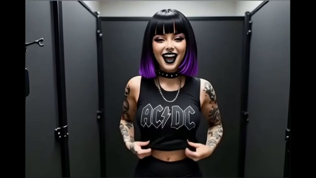 Tattooed goth woman in black clothing inside a compact changing room