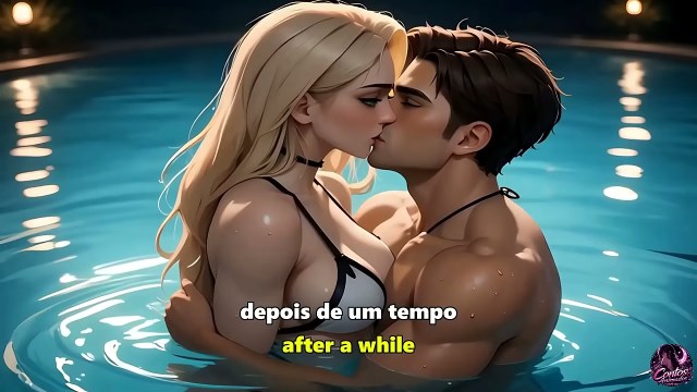 Anime-style blonde woman in a bikini kissing a muscular man while embracing him in a swimming pool at night