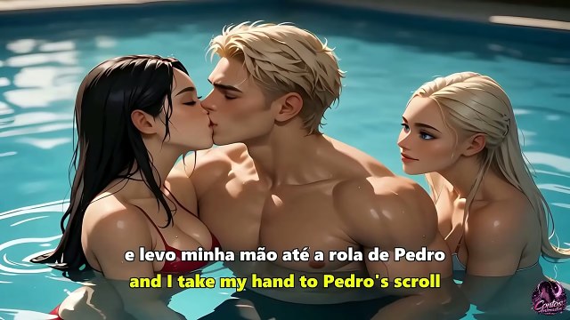 Anime-style black-haired woman kissing a muscular man in a pool at night with a blonde bikini woman beside them