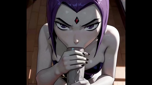 Purple-haired Raven with a red forehead gem giving a close-up blowjob on a bedroom bed