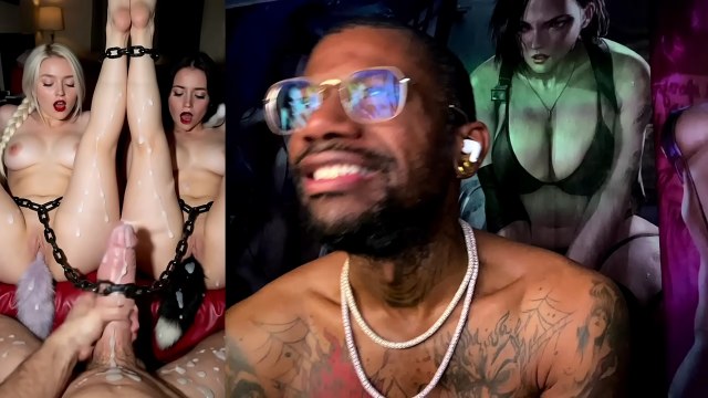 Shirtless tattooed bearded host in reflective glasses over a bondage panel showing penetration
