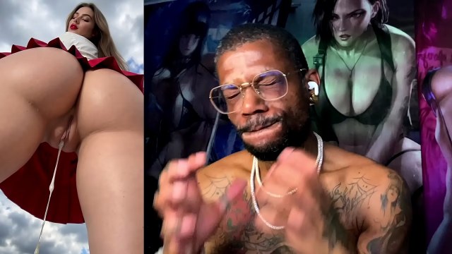 Shirtless tattooed host in reflective glasses over a low-angle fantasy panel showing bare ass
