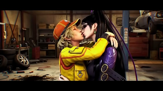 Blonde in yellow workwear kissing a black-haired woman with glasses in a 3D garage workshop