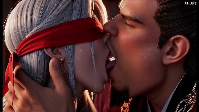 Blindfolded silver-haired anime character kissing a dark-haired man in a patterned robe in a candlelit bedroom