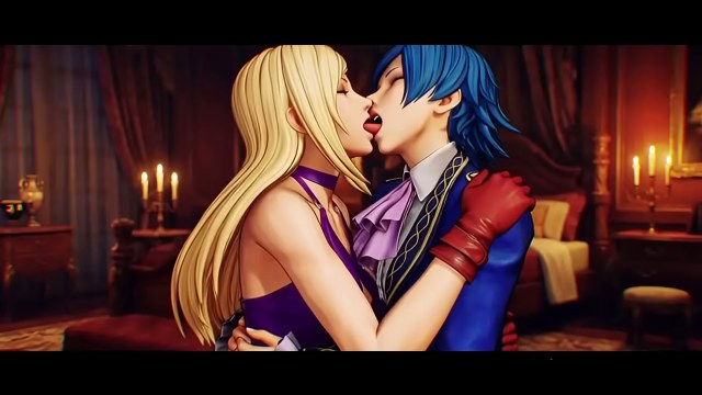 Long-haired blonde anime character in purple lingerie kissing a short blue-haired partner in a candlelit bedroom