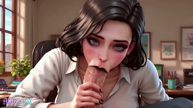 Dark-haired office woman giving a close blowjob beside a desk and computer