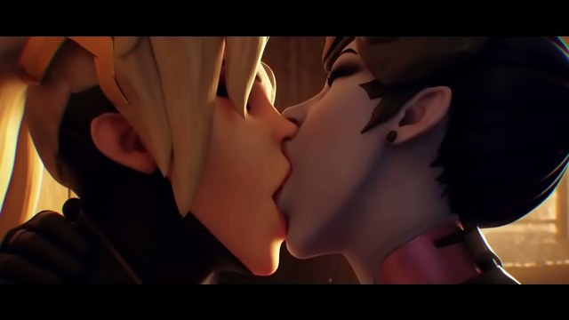 Two 3D animated women with blonde and purple hair sharing a close lesbian kiss