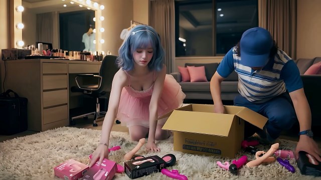 Short blue-gray-haired topless woman in a pink top beside a man in a private indoor room
