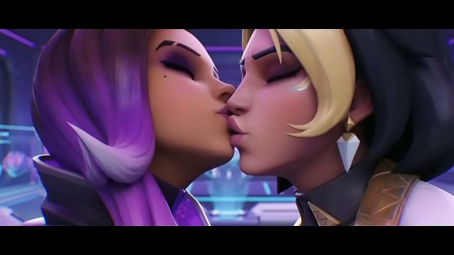 Two animated women tongue kissing face-to-face inside a futuristic neon control room
