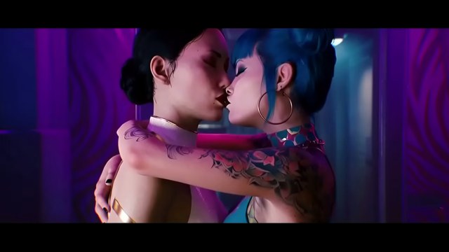 Blue-haired tattooed woman with hoop earrings embracing and kissing a dark-haired partner in a neon cyberpunk interior