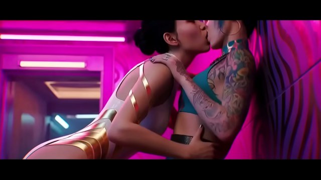 Blue-haired tattooed woman in a shiny futuristic outfit kissing a dark-haired partner beside bright magenta neon lights