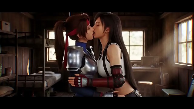 Red-haired and dark-haired animated women kissing in combat-style outfits inside a wooden cabin