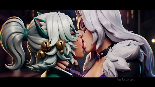 Two white-haired fantasy women kissing in a neon futuristic alley