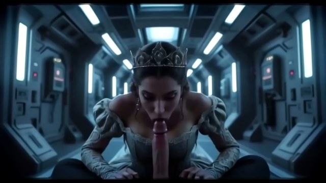 Dark-haired nude woman giving a close-up blowjob inside a futuristic space station