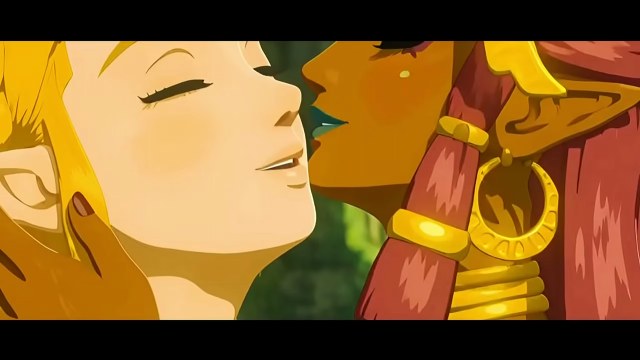 Blonde fantasy character kissing a red-haired pointed-ear character with gold jewelry
