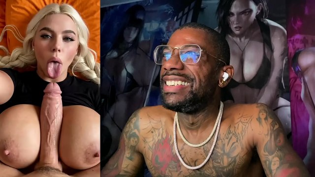 Reaction-style composite with a tattooed glasses-wearing host and a blonde blowjob close-up