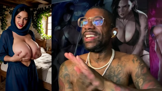 Reaction-style composite with a tattooed host and a topless brunette on a red couch