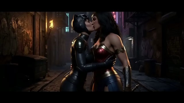 Woman in a glossy black catsuit and cat-ear cowl kissing a dark-haired woman in a red-and-gold bodice in a dark alley