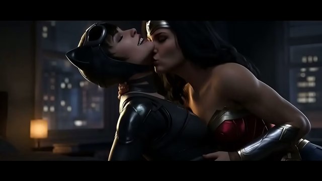 Woman in a black cat-ear cowl and catsuit kissing a dark-haired woman in a red-and-gold bodice with city lights behind