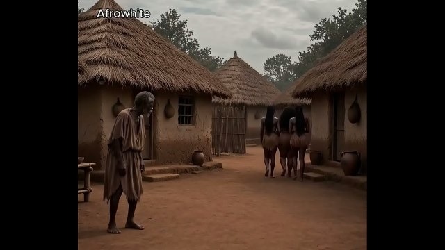 Пыльный двор с земляными хижинами под соломенными крышами и меткой Afrowhite