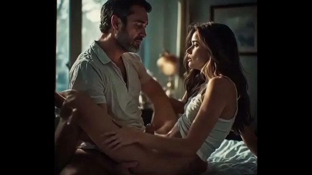 Partially clothed two-participant lap scene on a bedroom bed