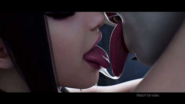 Крупный план поцелуя двух стилизованных 3D-персонажек в полутёмной комнате