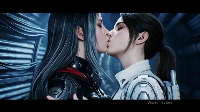 Крупный план Dia и Hailey во время поцелуя в сине-сером футуристическом коридоре