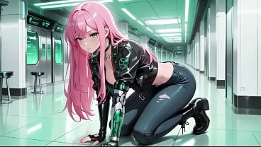 Hentai cyberpunk de pelo rosa con cuero negro