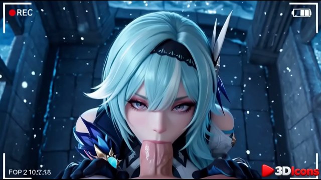 Blue-haired fantasy character with pointed ears gives a blowjob in a snowy gothic setting