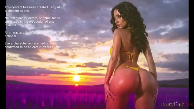 Mujer de pelo oscuro con bikini amarillo de tiras mostrando el culo desnudo en un campo de flores al atardecer