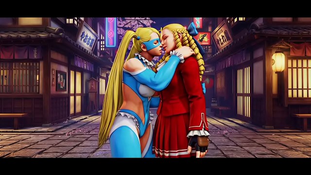 Blonde women in blue and red costumes kissing on a neon-lit street