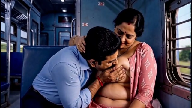 Topless dark-haired woman in a pink top with a partner on train seats