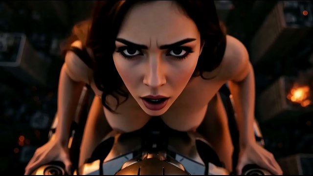 Dark-haired performer straddling a large humanoid robot during sex among metallic machinery